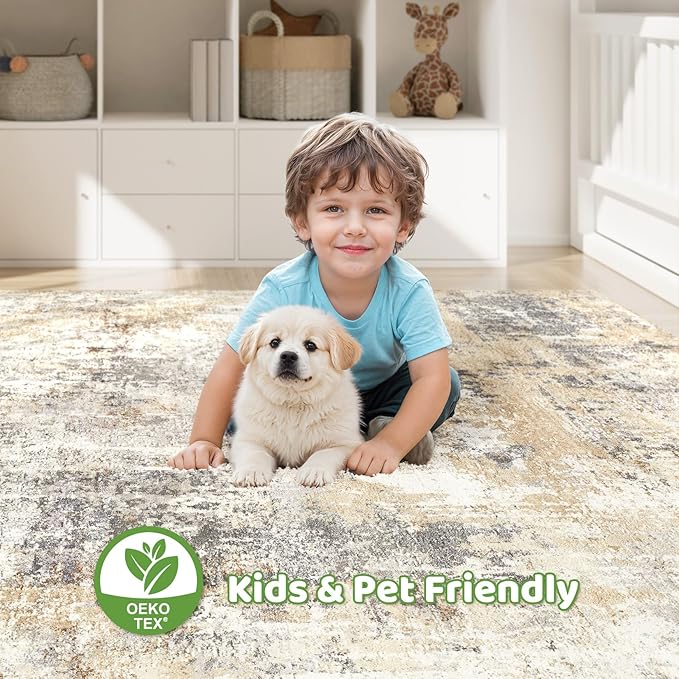 7x9 Area Rug Living Room: Machine Washable Large Abstract Modern Soft Rugs Stain Resistant Indoor Floor Non Slip Accent Carpet for Bedroom Nursery Playroom Office Dining Room Dorm Home- Gray Gold