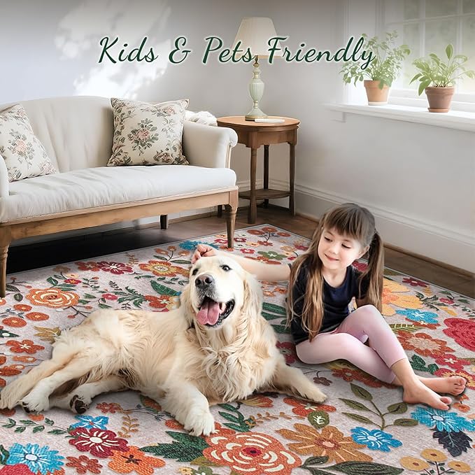 Area Rug Living Room Rugs: 5x7 Washable Rug Vintage Floral Soft Boho Non Slip Carpet Indoor Floor Non Shedding Low Pile Thin Carpets for Bedroom Dining Room Farmhouse Nursery Home Office Beige