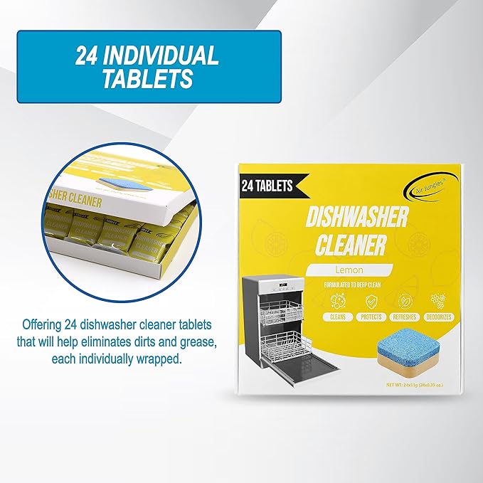 Air Jungles Dishwasher Cleaner Tablets 24 Count, Lemon Scent, Deep Cleaning Descaler, Formulated To Clean Dishwasher Machine, Remove Odor, Hard Water, Calcium, Bad Smell, 12 Month Supply