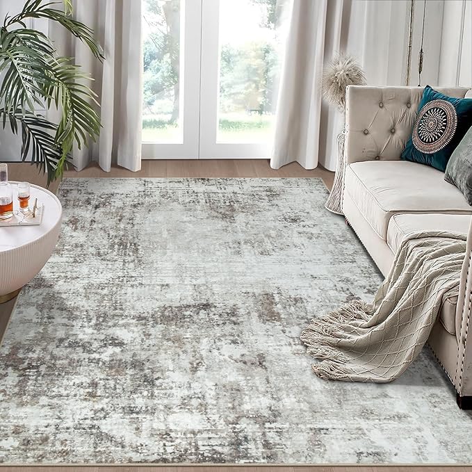 5x7 Area Rugs for Living Room Rug Washable: Modern Rug for Dining Room Bedroom Carpet Non Slip Low Pile 5 by 7 Indoor Abstract Nursery Home Office Brown Grey