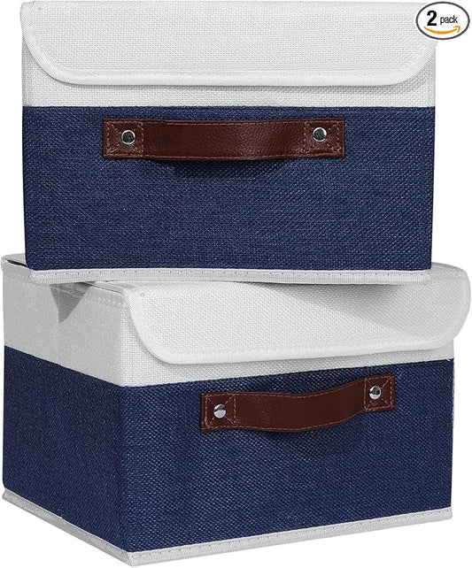 ANMINY 2PCS Storage Boxes with Lid Washable Decorative Storage Bin Basket with PU Leather Handle Foldable Linen Fabric Storage Cube Container for Home Closet Organizer - Deep Blue White, Small Size