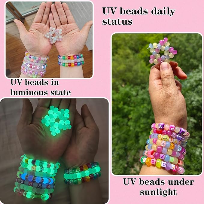 5 Boxes Bracelet Making Kit Pony Beads, 6x9mm Kandi Rave Beads & Hair Beads Set with UV Color Changing, Glow-in-Dark, Chrome & Alphabet Letters for Friendship Jewelry DIY Crafts