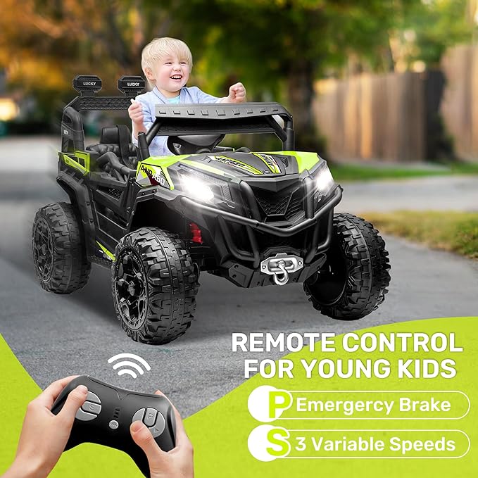 ANPABO 24V 4WD Ride on Car Truck w/Remote Control, 2WD/4WD Switchable Kids UTV, 4 Shock Absorbers, 19" Spacious Seat, Soft Start, Music Player, Electric Car for Kids
