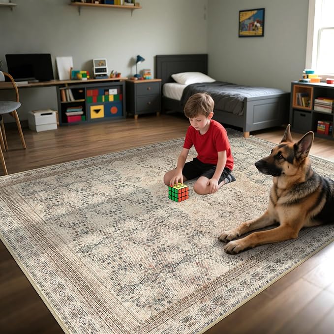 6x9 Washable Area Rug Non Slip, Thin Vintage Floral Living Room Rug Low Pile, Indoor Large Distressed Print Carpet for Bedroom, Dining Room, Farmhouse, Home Office, College Dorm Beige/Pink/Orange