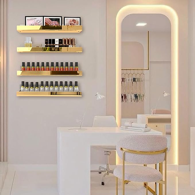 4 Pack 15 Inch Gold Reflective Acrylic Shelves, Gold Foating Shelves, Modern Sunglasses Essential Oil Picture Ledge Display Toy Storage Shelf