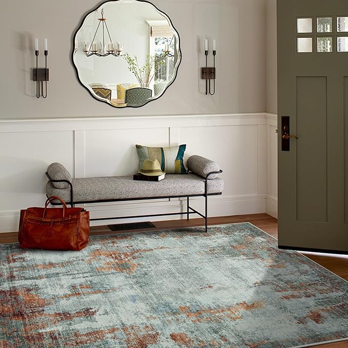 5x7 Area Rugs for Living Room Rug Washable: Modern Rug for Dining Room Bedroom Carpet Non Slip Low Pile 5 by 7 Indoor Abstract Nursery Home Office Red Brown