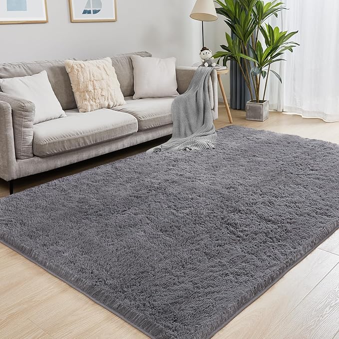 Fluffy Area Rug, 4x5.8 Grey Rugs for Bedroom, Soft Plush Area Rugs for Living Room, Nursery, Study Room, Dressing Room, Home Decor