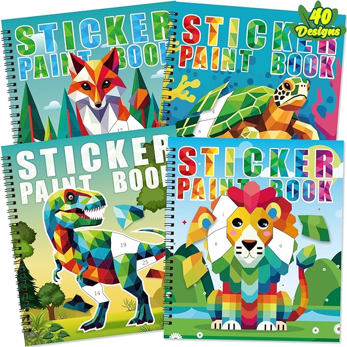90shine 4PCS Crafts for Kids Ages 4-8 Sticker Paint Books Includes Dinosaur Marine Land Animals Multicolored Design Gifts Create 40 Pictures