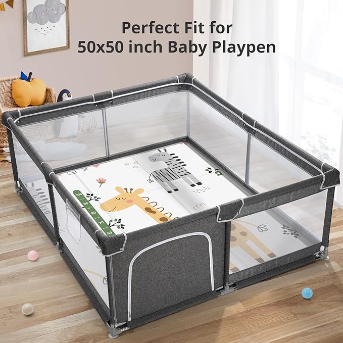 Foldable Baby Play Mat, PIGLOG 0.6in Thick Waterproof Playmats for Babies and Toddlers Kids, Safe Foam Playmat for Tummy Time, 50x50 Playpen Mat, Reversible Portable Baby Floor Mat for Infant, Giraffe