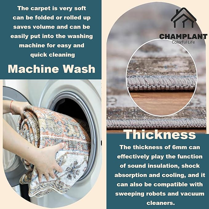 Area Rug 10x14 Washable Brown Vintage Traditional Mat Distressed Indoor Foldable Thin Retro Accent Floral Non Slip Carpet for Living Room Dining Room Office