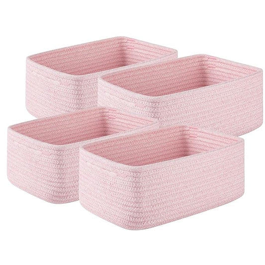 4 Pack Small Storage Shelf Baskets for Organizing, Mini Woven Rope Storage Bins for Towels, Cute Decorative Closet Organizer，Baby Nursery, Gift Empty Baskets -11.81''Lx7.87''Wx4.72''H-Pink