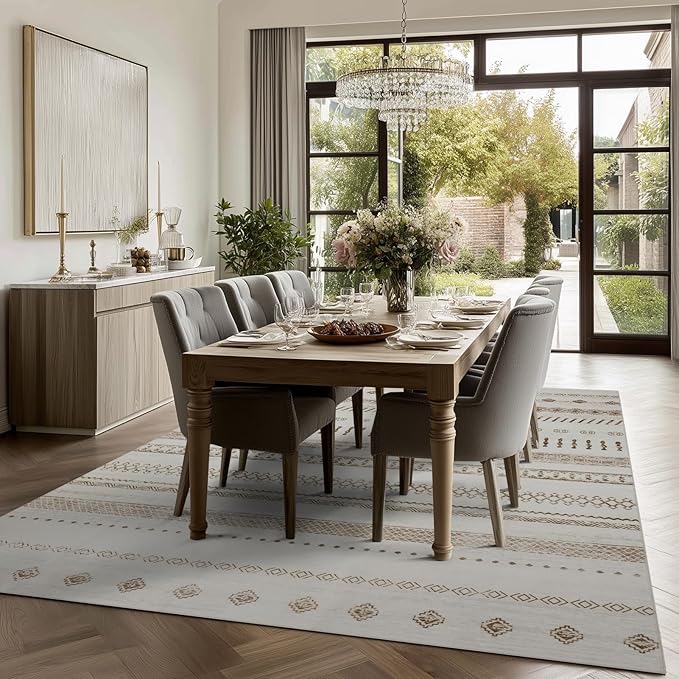 9x12 Area Rug Living Room Rugs, Boho Stain Resistant Washable Rug, Vintage Large Non-Slip Backing, Low Pile Lightweight Print Rug for Bedroom Dinning Room Home Office (Beige)