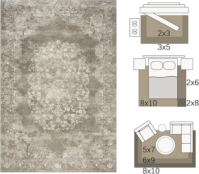 jinchan Washable Area Rug 8x10 for Living Room - Soft Faux Wool Ultra-Thin Stain Resistant Non-Slip Distressed Vintage Floral Large Carpet for Bedroom,Dining Room,Home Office,Nursery(Brown, 8'x10')