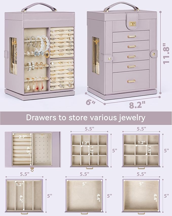 AKOZLIN 360° Rotating Jewelry Box 6-Tier Organizer Functional Jewelry Storage Case for Women Girls Ring Necklace Earring Bracelet Holder with Mirror Purple