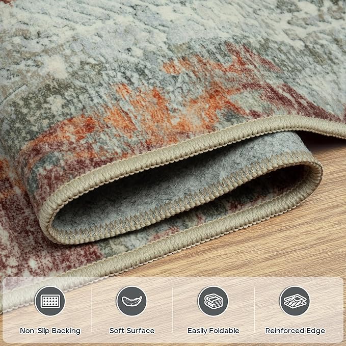 5x7 Area Rugs for Living Room Rug Washable: Modern Rug for Dining Room Bedroom Carpet Non Slip Low Pile 5 by 7 Indoor Abstract Nursery Home Office Red Brown