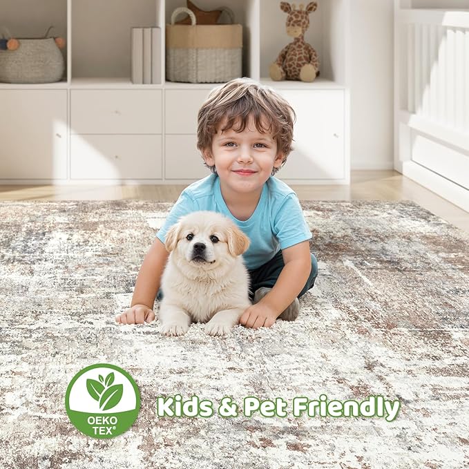 8x10 Area Rugs Living Room: Washable Large Abstract Modern Soft Rug Stain Resistant Indoor Floor Non Slip Accent Carpet for Bedroom Nursery Playroom Dining Room Office Dorm Home House- Brown