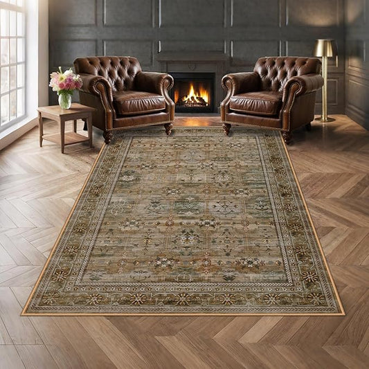 4x6 Area Rug for Bedroom Machine Washable, Non Slip Vintage Floral Kitchen Rugs for Dining Room, Low Pile Indoor Floor Print Carpet for Nursery Farmhouse Home Office Olive/Charcoal