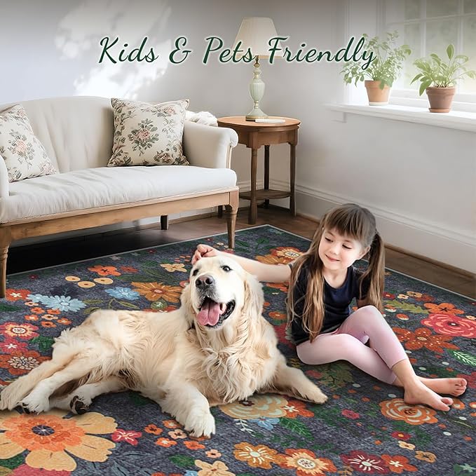 8x10 Area Rug for Living Room: Vintage Floral Washable Rug Soft Boho Non Slip Carpet Large Indoor Floor Non Shedding Low Pile Thin Carpets for Bedroom Dining Room Farmhouse Nursery Home Office Black