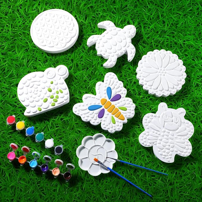 6 Pack Paint Your Own Plaster Stones - Kids Summer Arts and Crafts Garden Handprint Stepping Stone Painting Kit DIY Ceramic Craft Pottery Outdoor Painting Gifts for Kids Ages 4-12