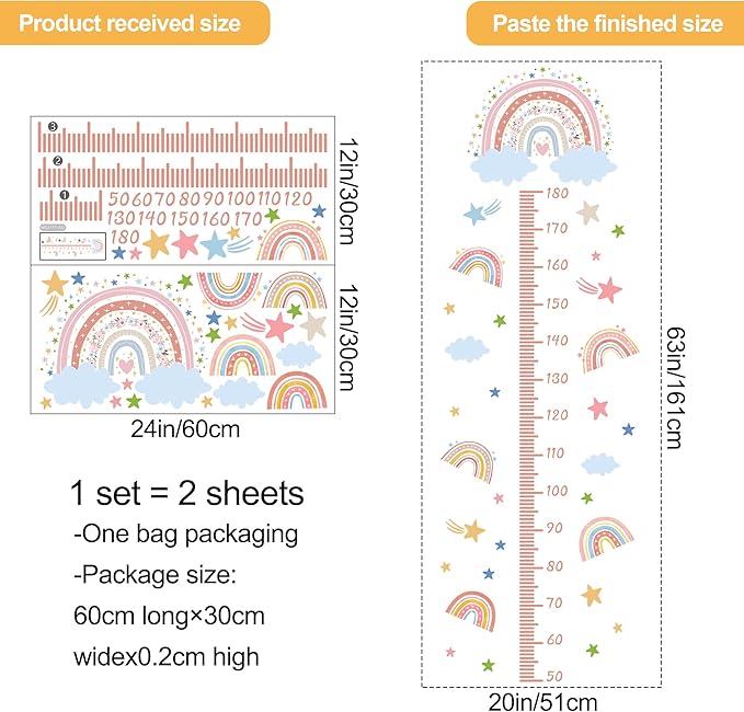 3D Cartoon Height Growth Chart for Kids - Removable DIY Pink Rainbow Wall Decal Peel and Stick Stars and White Clouds Wall Art Decor for Kids Nursery, Bedroom, Bathroom