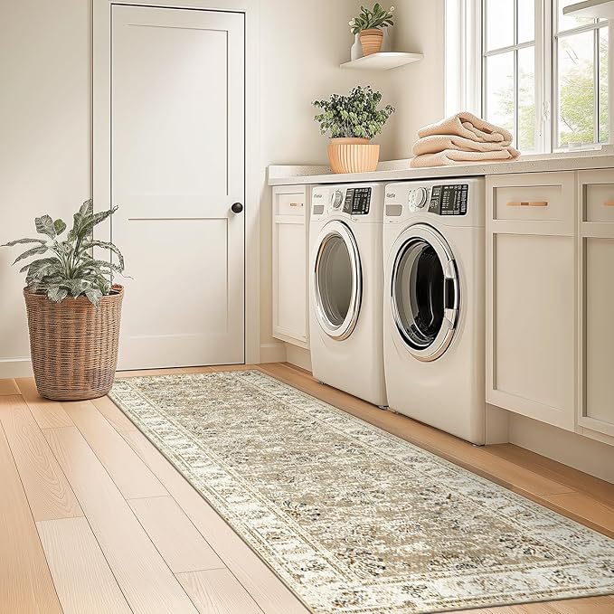 jinchan Hallway Runner Rug 2x10 Machine Washable Runner Rug Taupe Vintage Floral Design Non-Slip Ultra-Thin for Kitchen Laundry Room Bedroom Farmhouse (2‘x10',Taupe)