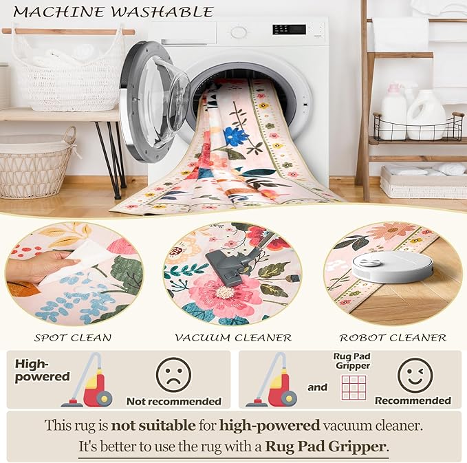 Floral 2x6 Area Rug Machine Washable Soft Print Boho Carpet Non Slip Doormat Low Pile Flower Area Rugs for Living Room Bedroom Nursery Kitchen Dining Room Indoor-Pink