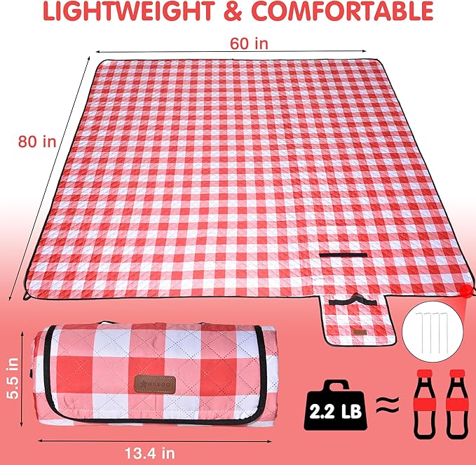 HX&OD Outdoor Picnic Blanket, Extra Large, 80''x60'' Waterproof Foldable Blankets Gingham Picnic Mat for Beach, Camping Grass Lawn Park Accessories Cute Couple Ideas Wedding (Red, 80”x60”)