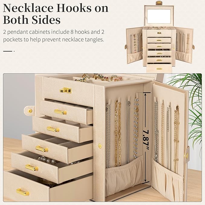 AKOZLIN 6-Tier Jewelry Box Organizer Functional Leather Jewelry Storage Case for Women Girls Ring Necklace Earring Bracelet Holder Organizer with Mirror