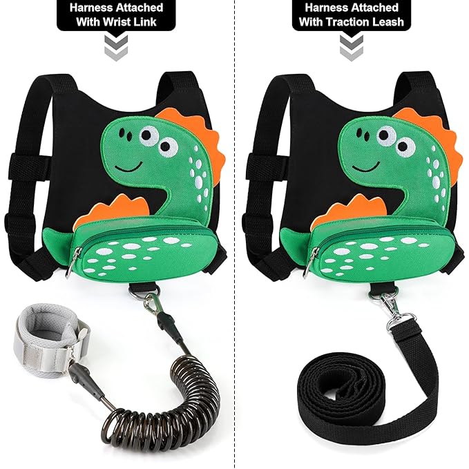 Accmor Toddler Harness Leash + Anti Lost Wrist Link, Cute Dinosaur Kids Leash Walking Harness, Baby Leashes for Toddlers, Child Harness Leash Wristband Assistant Strap Belt for Boys Girls Outdoor