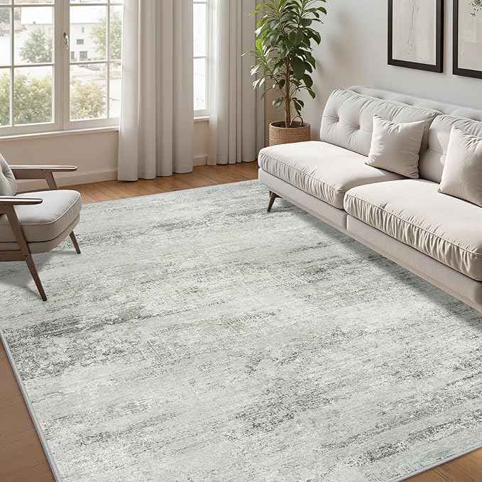 5x7 Area Rugs for Lliving Room Bedroom, Abstract Washable Rugs with Non-Slip Backing, Stain Resistant Thin Carpet for Dorm Dining Room Table Nursery Indoor Home Office-Gray