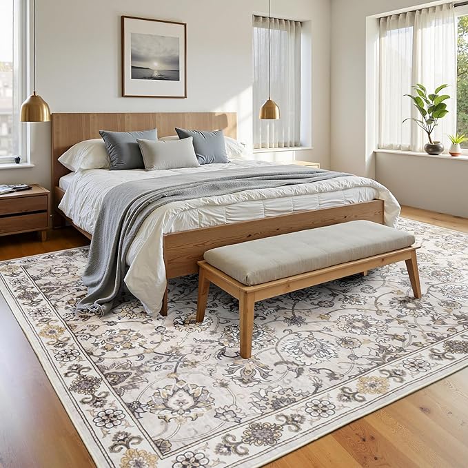 6x9 Area Rug for Living Room & Bedroom, Washable Non-Slip Vintage Rugs, Neutral Floral Soft Carpet, Low Pile Wool Carpets for Indoor Dining Home Office Playroom Under Table, Beige