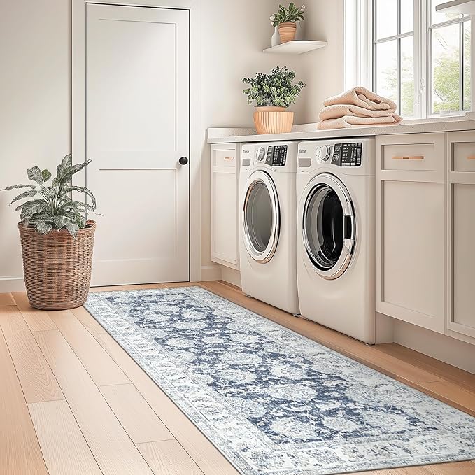 jinchan Runner Rug 2x7 Machine Washable Hallway Rug Dark Blue Vintage Floral Print Non-Slip Low Pile Ultra-Thin for Kitchen,Entryway,Laundry Room,Bedroom,Farmhouse (2‘x7’,Dark Blue)