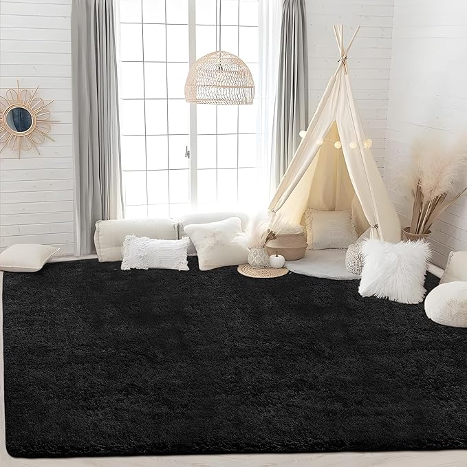 4x6 Area Rug for Living Room: Fluffy Shag Soft Washable Rugs Fuzzy Plush Indoor Carpet for Bedroom Nursery Playroom Dorm Kids Girls Boys Room (Black, 4'x6')