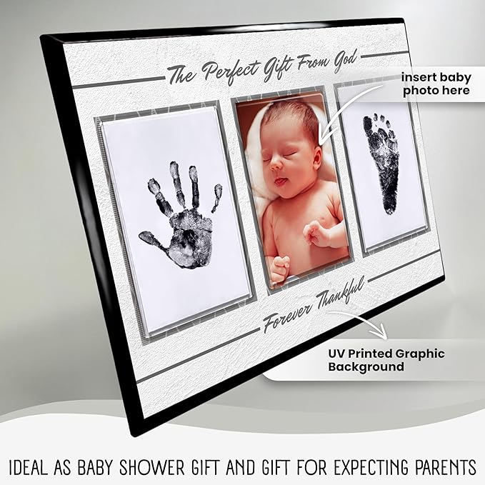 Baby Hand and Footprint Kit with Photo & Birth Details, Inkless Hand and Footprint Kit, Newborn Keepsake Plaque, Baby Shower Gifts (STYLE 2 (Baby Shower) (Gift From God))