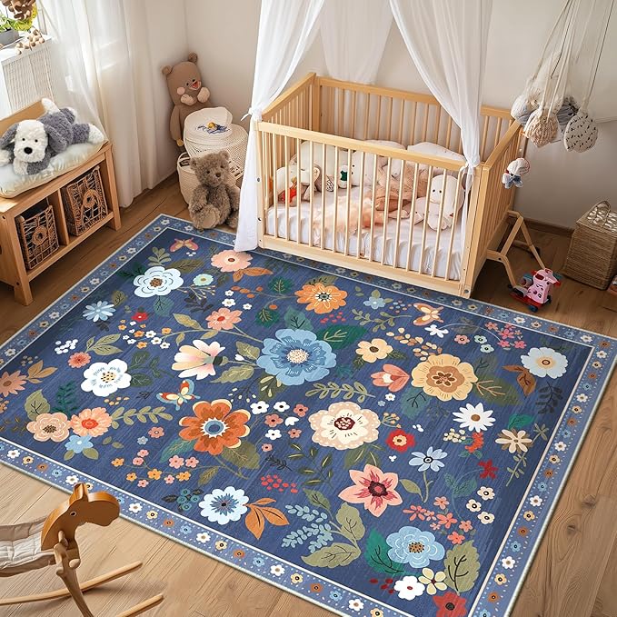 Floral 5x7 Area Rug Machine Washable Soft Print Boho Carpet Non Slip Doormat Low Pile Flower Area Rugs for Living Room Bedroom Nursery Kitchen Dining Room Indoor-Blue/Grey