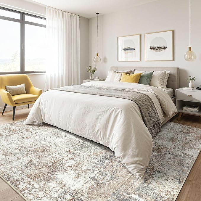 8x10 Area Rugs Living Room: Washable Large Abstract Modern Soft Rug Stain Resistant Indoor Floor Non Slip Accent Carpet for Bedroom Nursery Playroom Dining Room Office Dorm Home House- Brown