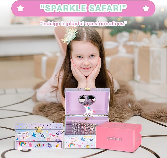 Jewelkeeper Musical Jewelry Box with Alphabet Sticker - Personalize with Names - with 1 Pullout Drawer and Spinning Unicorn Doll - Beautiful Dreamer Tune - Ideal for Kids 5 and Up - 5.37"Lx7.25"Wx4"H