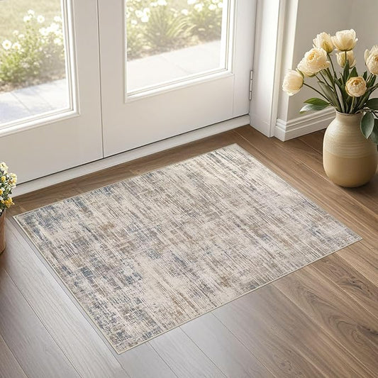 2x3 Entryway Area Rugs: Washable Neutral Abstract Small Rug Door Mat Non-Slip Soft Low Pile Indoor Carpe for Entrance Kitchen Front Door Bathroom Entry Kids Room - Brown
