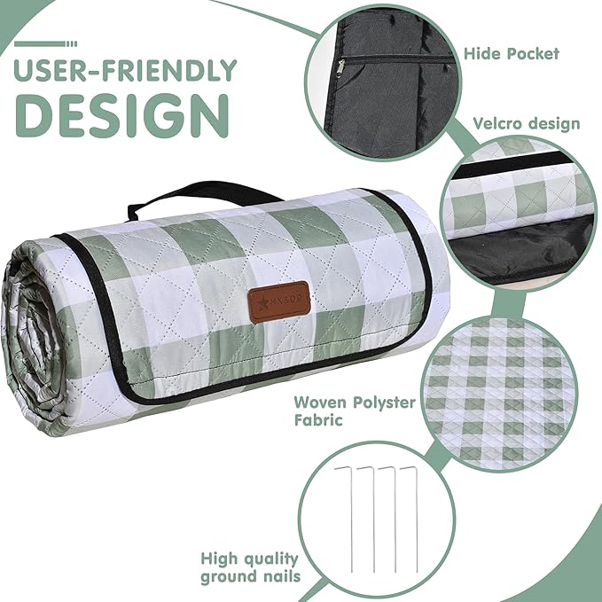 HX&OD Outdoor Picnic Blanket, Extra Large, 80''x60'' Waterproof Foldable Blankets Gingham Picnic Mat for Beach, Camping Grass Lawn Park Accessories Cute Couple Ideas Wedding (Green, 80”x60”)