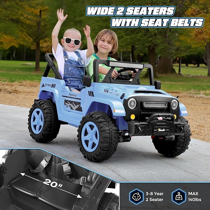 Hikole 2 Seater XL Ride on Cars for Kids - 24V Electric Car with 20 Inch Wide Seat, 4WD/2WD Switch, Remote Control, LED Lights, Music Player, Battery Powered Car for Kids, Blue-Gray