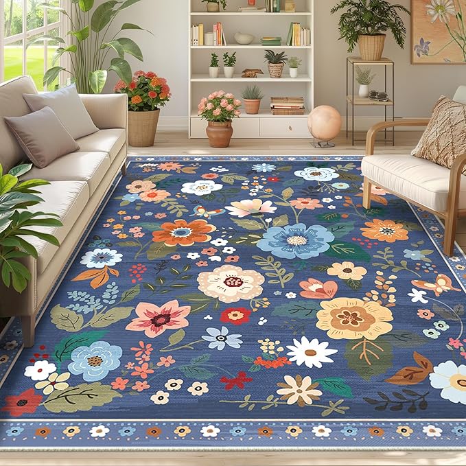 Floral 9x12 Area Rug Machine Washable Soft Print Boho Carpet Non Slip Doormat Low Pile Flower Area Rugs for Living Room Bedroom Nursery Kitchen Dining Room Indoor-Blue/Grey