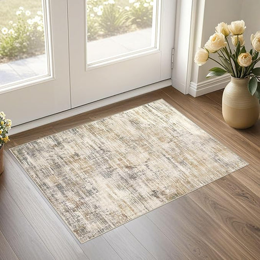 2x3 Entryway Area Rugs: Washable Neutral Abstract Small Rug Door Mat Non-Slip Soft Low Pile Indoor Carpe for Entrance Kitchen Front Door Bathroom Entry Kids Room - Golden Brown