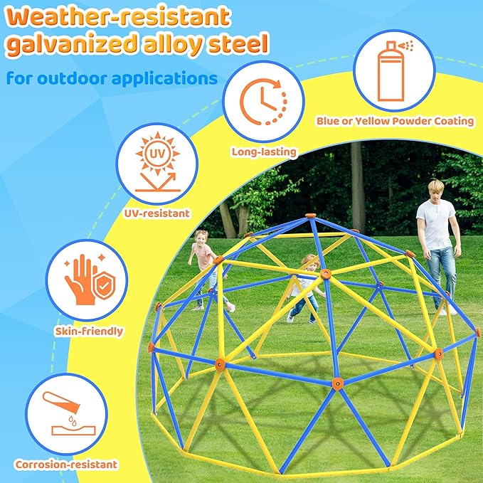 Gardenature 10FT Climbing Dome, Outdoor Jungle Gym for Kids, Geometric Dome Climber Supporting 880 Lbs Anti-Rust Metal Outdoor Play Structure ASTM Approved Blue & Yellow