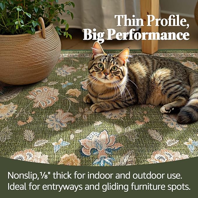 jinchan Floral Corner Rug for Living Room Washable Bedroom Rug Vintage Romance Design Non Slip Quarter Circle Lightweight Low-Pile Throw Carpet for Reading Nook Playroom,8ft Radius, Green