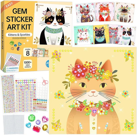 Gem Art Sticker Kit, Arts and Crafts for Kids Age 4-12, 8 Unicorn Princess Themes Diamond Art Kit, Gemstone Sticker Crafts Christmas Birthday Gifts for Girls Ages 4,5,6,7,8 Year Old (Yellow-Cat)