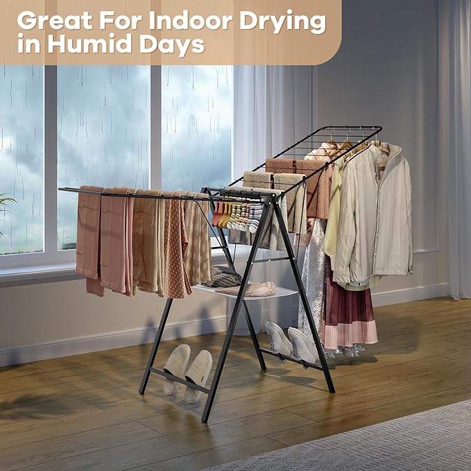 APEXCHASER Clothes Drying Rack Foldable, Metal Laundry Drying Rack with Height Adjustable Rails, Ultra Thin Drying Rack Clothing Towel Sweater Shoe for Indoor Outdoor, Gullwing Clothes Airer, Black