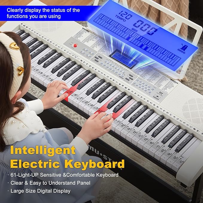 61 Key Piano Keyboard, Electric Keyboard Piano with Light-Up Keys, 255 Tones/Rhythms, Smart Learning System, Headphone, Microphone, Keyboard Stand, Stool, Stickers, Piano Keyboard Set for Beginners