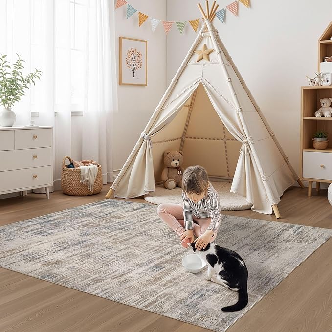 Area Rug for Living Room: 4x6 Washable Neutral Abstract Modern Soft Rugs Non Slip Indoor Floor Stain Resistant Carpet for Bedroom Dining Room Office Nursery - Brown