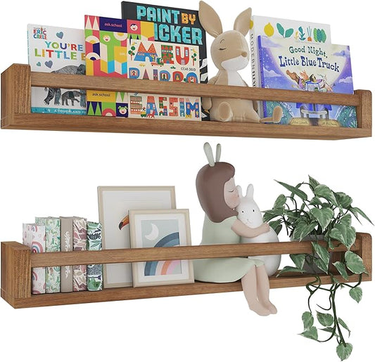 Heimlove 32 Inch Nursery Floating Shelves, Nursery Book Shelves for Wall, Wall Bookshelf for Kids Solid Wood Wall Mounted Shelves for Books,Toys and Decor Storage, Set of 2