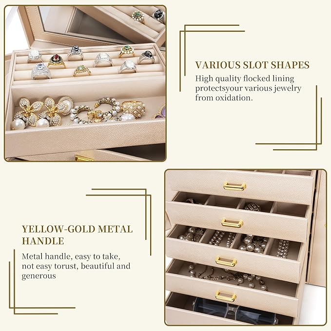 AKOZLIN Huge Jewelry Box Organizer Functional Extra Large Leather Jewelry Storage Case for Women Girls Ring Necklace Earring Bracelet Holder Organizer with Mirror